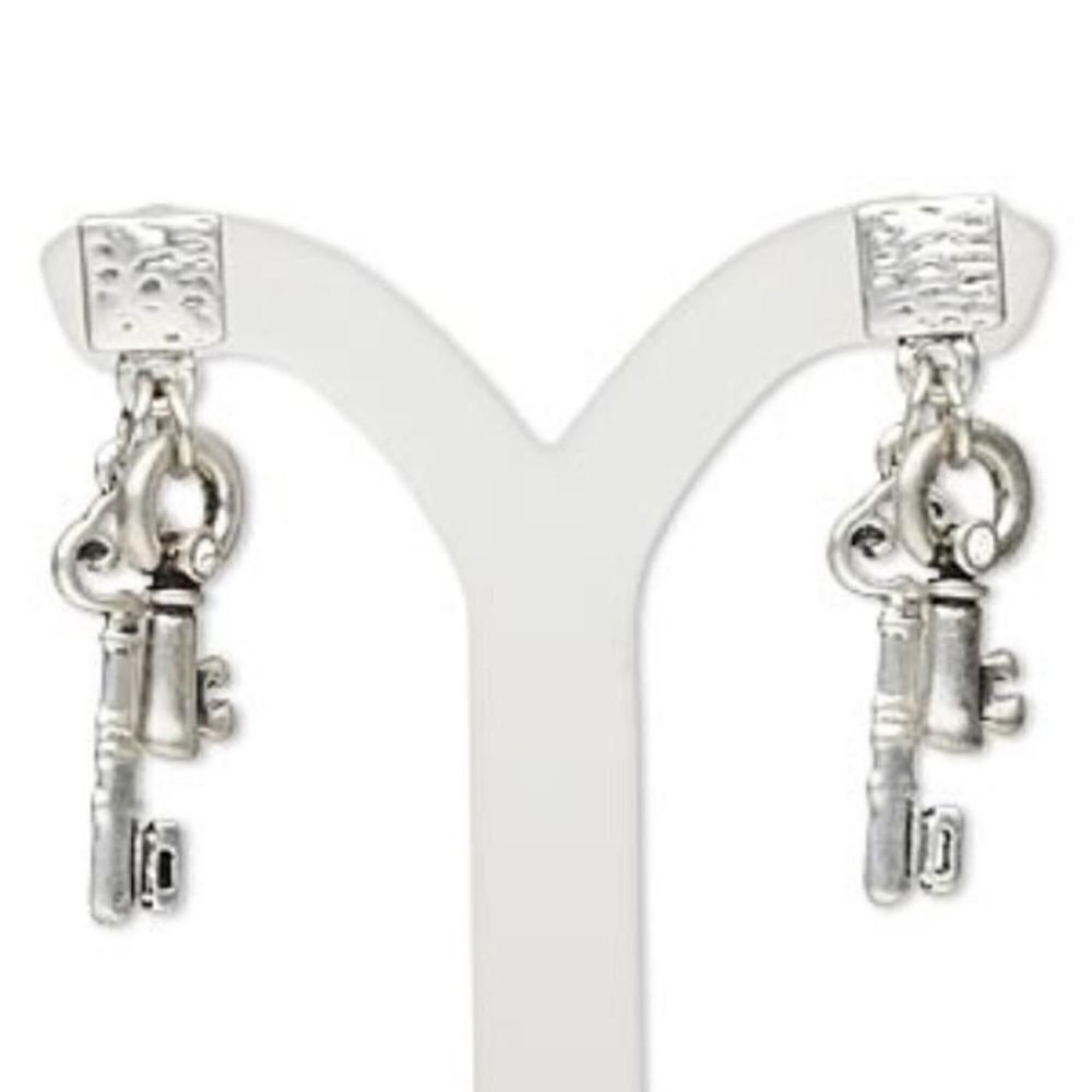 Antique Silver Skeleton Keys Austrian Crystal Square Post Dangle Earrings